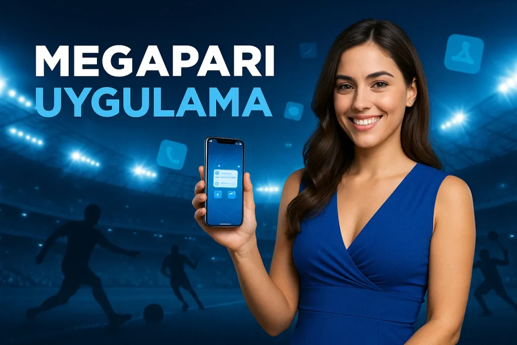 Megapari Uygulama – Mobil Giriş Türk kızı mavi elbiseyle Megapari Uygulama afişinde